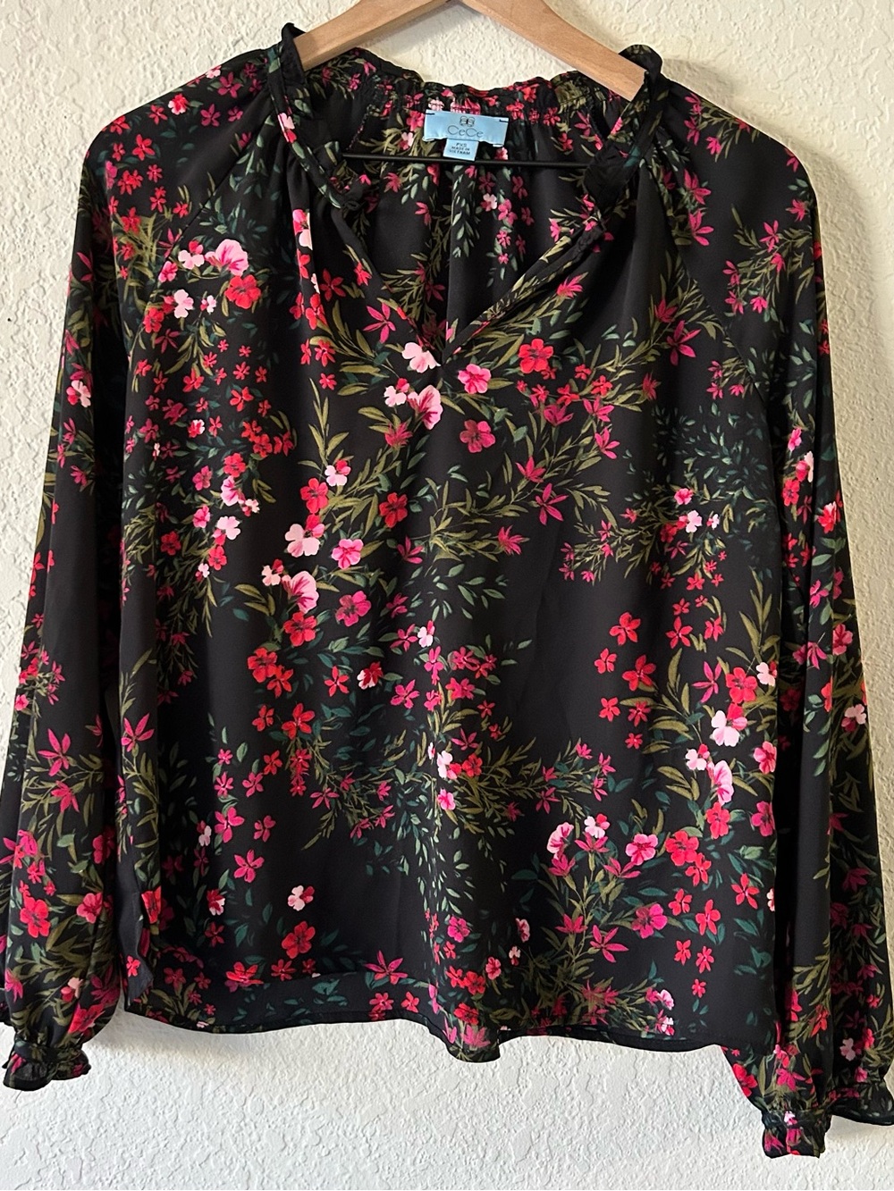 CeCe Black Floral Tie-Neck Blouse with Pink and Red Blossoms